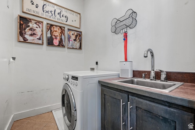 1137 S 925 E, Salem, UT 84653 - laundry area with baseboards, light tile patterned flooring, cabinet space, washer / clothes dryer, and a sink