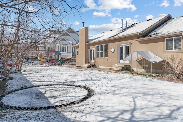 1137 S 925 E, Salem, UT 84653 - snow covered property with a chimney, entry steps, stucco siding, french doors, and a playground