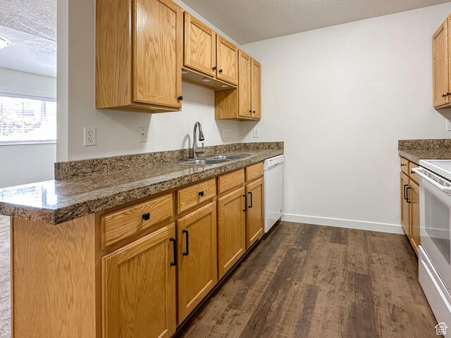 kitchen featuring a sink, a textured ceiling, dark wood finished floors, white appliances, and baseboards