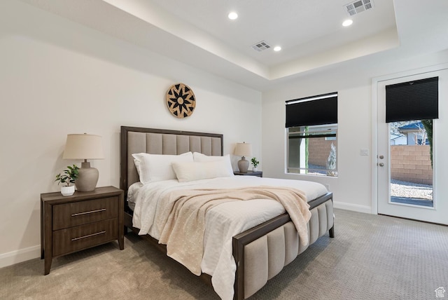 1392 N Marfil Way, Washington, UT 84780 - bedroom featuring access to exterior, visible vents, light carpet, and a tray ceiling
