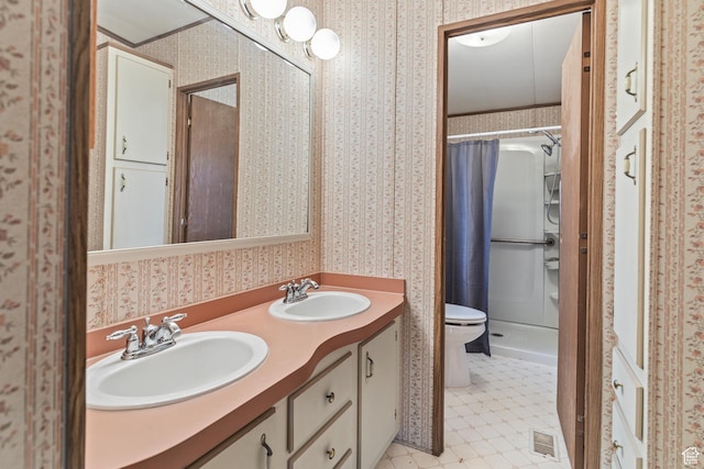 full bathroom with wallpapered walls, visible vents, and a sink