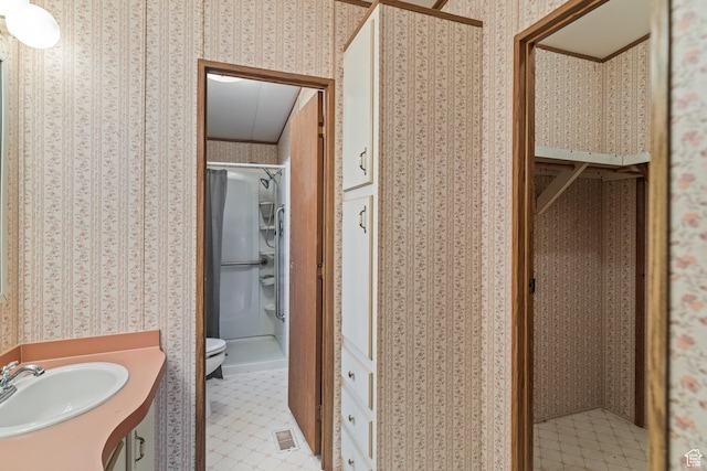 full bathroom with wallpapered walls, a shower stall, toilet, and visible vents