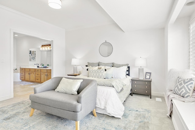 539 E Normandy Dr, Provo, UT 84604 - bedroom with light carpet, crown molding, and ensuite bath