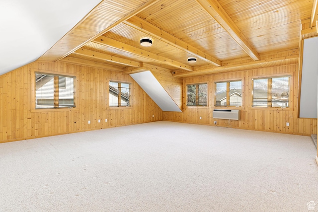 539 E Normandy Dr, Provo, UT 84604 - additional living space featuring wood walls, wooden ceiling, carpet floors, vaulted ceiling with beams, and a wall mounted air conditioner