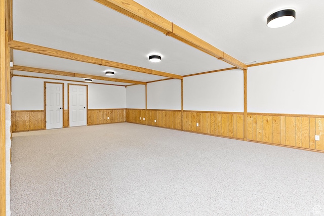 539 E Normandy Dr, Provo, UT 84604 - spare room featuring carpet flooring, beam ceiling, wooden walls, and wainscoting