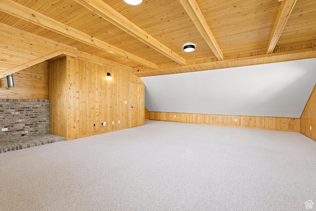 539 E Normandy Dr, Provo, UT 84604 - additional living space featuring wood ceiling, carpet floors, wooden walls, and beam ceiling