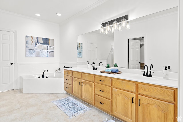 539 E Normandy Dr, Provo, UT 84604 - bathroom featuring a tub to relax in, double vanity, a sink, and crown molding