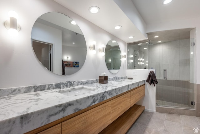 2559 Lupine Ln, Park City, UT 84060 - full bathroom with double vanity, a shower stall, tile patterned flooring, and recessed lighting