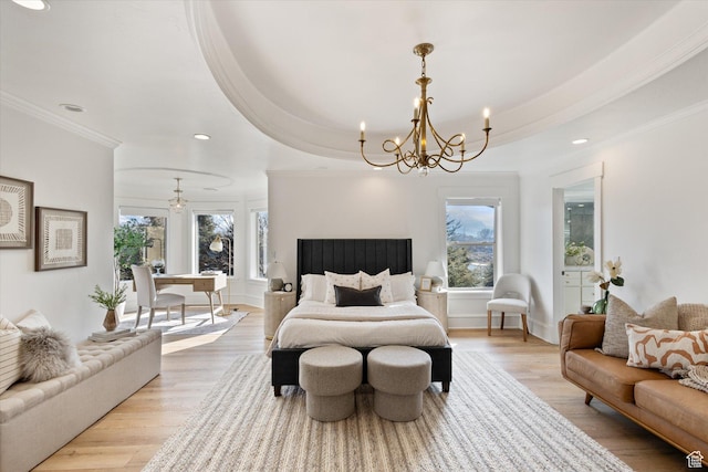 bedroom featuring light wood finished floors, recessed lighting, a notable chandelier, and crown molding