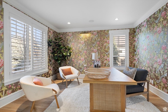 home office featuring baseboards, recessed lighting, wallpapered walls, wood finished floors, and crown molding