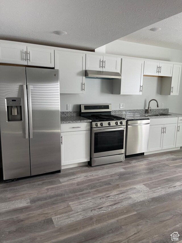 2421 S Blue Water Ln E, Saratoga Springs, UT 84045 - kitchen with a sink, under cabinet range hood, wood finished floors, stainless steel appliances, and stone counters