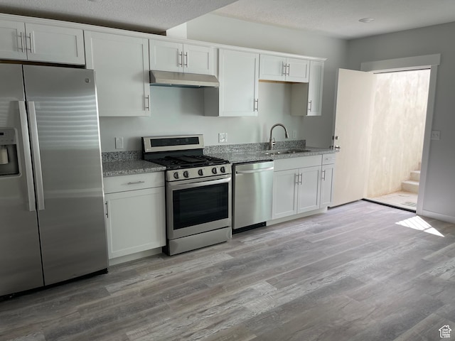 2421 S Blue Water Ln E, Saratoga Springs, UT 84045 - kitchen featuring white cabinetry, appliances with stainless steel finishes, light stone counters, a sink, and under cabinet range hood