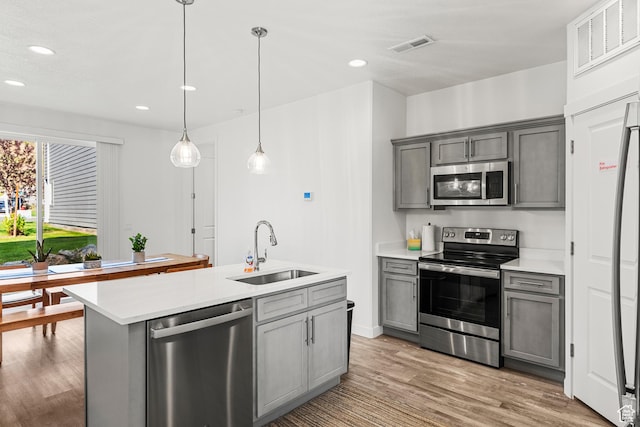 529 Richland Valley St, Garden City, UT 84028 - kitchen with light wood-type flooring, visible vents, gray cabinetry, a sink, and stainless steel appliances