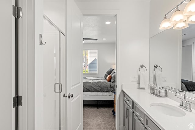 529 Richland Valley St, Garden City, UT 84028 - ensuite bathroom featuring a shower stall, vanity, recessed lighting, ensuite bath, and a textured ceiling
