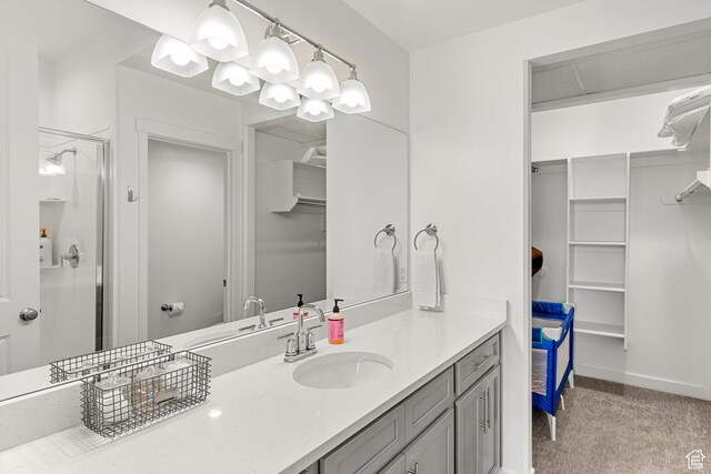 529 Richland Valley St, Garden City, UT 84028 - full bath with baseboards, vanity, a spacious closet, and a shower stall