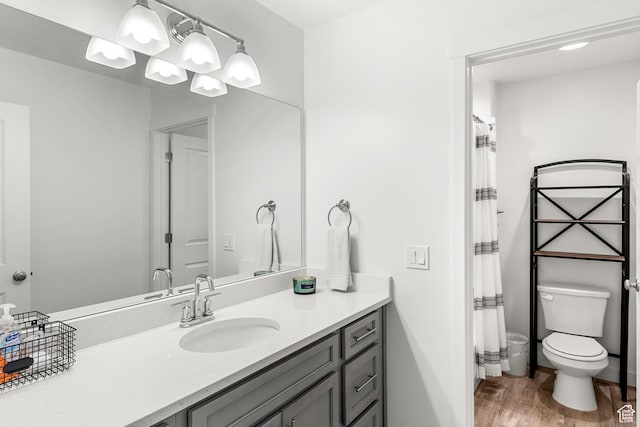 529 Richland Valley St, Garden City, UT 84028 - bathroom with curtained shower, toilet, wood finished floors, and vanity