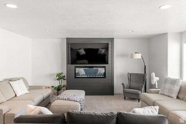 529 Richland Valley St, Garden City, UT 84028 - living area featuring a textured ceiling, recessed lighting, carpet floors, and a large fireplace