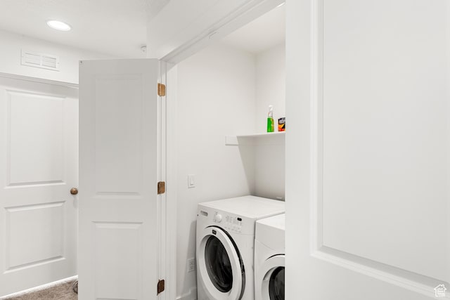 529 Richland Valley St, Garden City, UT 84028 - clothes washing area with recessed lighting, visible vents, laundry area, and washing machine and clothes dryer