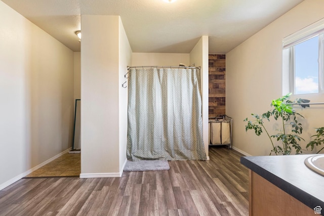 5943 N Bleeker, Stansbury Park, UT 84074 - bathroom featuring wood finished floors, vanity, and curtained shower