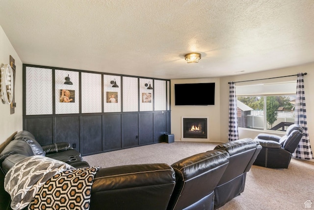 5943 N Bleeker, Stansbury Park, UT 84074 - living area featuring carpet flooring, a textured ceiling, and a warm lit fireplace
