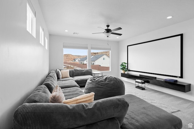 6059 S Bunda Way, St George, UT 84790 - carpeted home theater with recessed lighting, visible vents, and ceiling fan