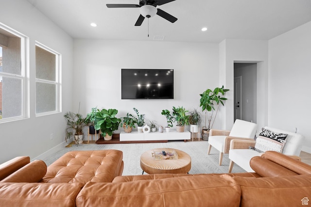 6059 S Bunda Way, St George, UT 84790 - living area featuring visible vents, baseboards, ceiling fan, a wealth of natural light, and recessed lighting