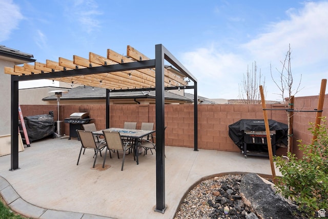 6059 S Bunda Way, St George, UT 84790 - view of patio / terrace featuring outdoor dining space, a fenced backyard, a pergola, and a grill