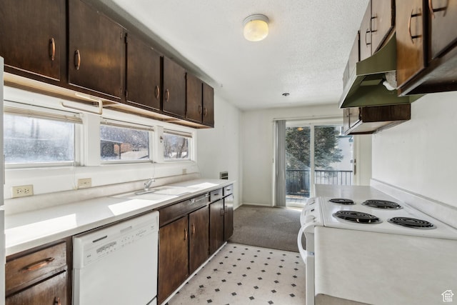 1900 Homestake Rd Unit 32, Park City, UT 84060 - kitchen featuring white appliances, a sink, under cabinet range hood, light countertops, and dark brown cabinetry