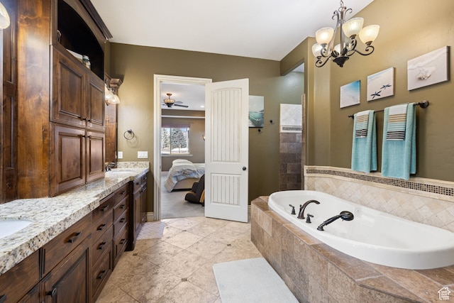 1865 S 3350 E, Heber City, UT 84032 - ensuite bathroom featuring a bath, double vanity, ceiling fan, a chandelier, and a tile shower