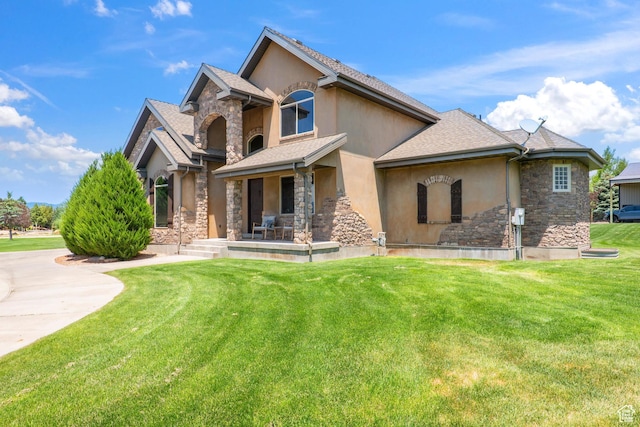 1865 S 3350 E, Heber City, UT 84032 - rear view of property with stone siding, stucco siding, a yard, and roof with shingles