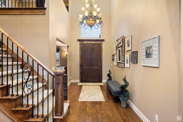 1865 S 3350 E, Heber City, UT 84032 - entryway with wood finished floors, stairway, a chandelier, and a towering ceiling