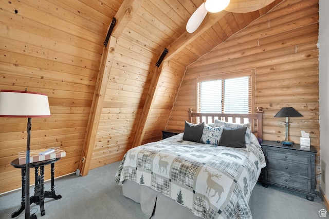 2821 S Deer Run Rd Unit 1011C, Heber City, UT 84032 - carpeted bedroom featuring a ceiling fan, vaulted ceiling with beams, wood ceiling, wood walls, and rustic walls
