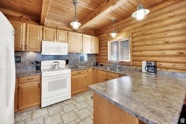 2821 S Deer Run Rd Unit 1011C, Heber City, UT 84032 - kitchen featuring beam ceiling, a sink, decorative light fixtures, white appliances, and wood ceiling