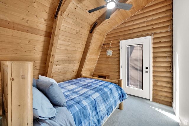 2821 S Deer Run Rd Unit 1011C, Heber City, UT 84032 - bedroom with lofted ceiling with beams, wood ceiling, ceiling fan, and carpet flooring