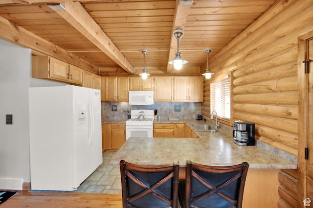 2821 S Deer Run Rd Unit 1011C, Heber City, UT 84032 - kitchen with white appliances, a peninsula, a sink, light countertops, and wooden ceiling