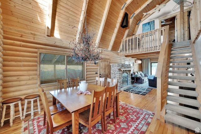 2821 S Deer Run Rd Unit 1011C, Heber City, UT 84032 - dining area featuring stairway, high vaulted ceiling, wood ceiling, and wood finished floors