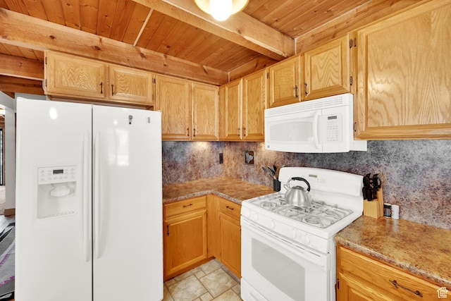 2821 S Deer Run Rd Unit 1011C, Heber City, UT 84032 - kitchen featuring light stone counters, beamed ceiling, white appliances, and wood ceiling