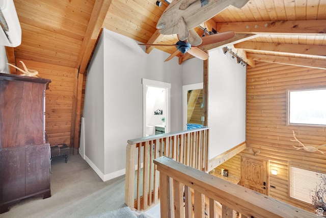 2821 S Deer Run Rd Unit 1011C, Heber City, UT 84032 - hallway featuring baseboards, lofted ceiling with beams, an upstairs landing, wooden ceiling, and log walls