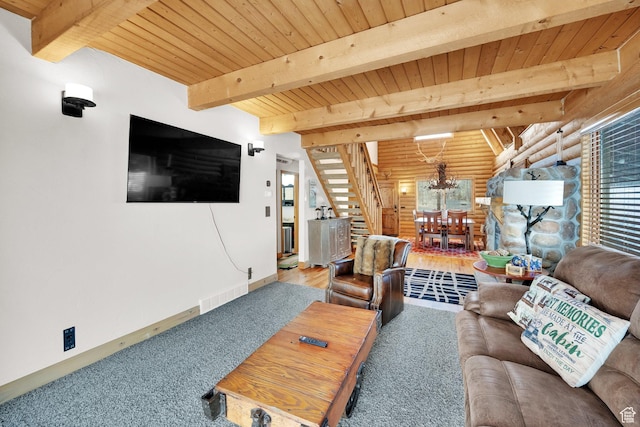 2821 S Deer Run Rd Unit 1011C, Heber City, UT 84032 - living room featuring visible vents, baseboards, beamed ceiling, stairway, and rustic walls