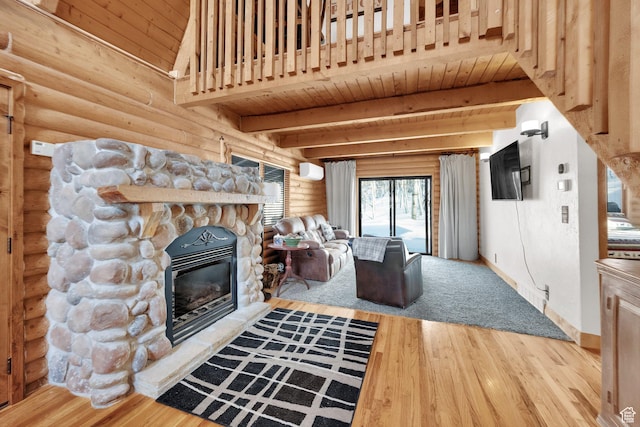2821 S Deer Run Rd Unit 1011C, Heber City, UT 84032 - unfurnished living room with rustic walls, a stone fireplace, wood ceiling, and wood finished floors