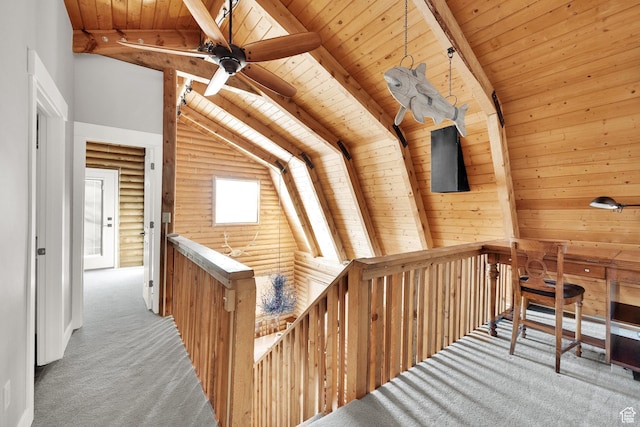 2821 S Deer Run Rd Unit 1011C, Heber City, UT 84032 - corridor featuring beamed ceiling, wooden ceiling, high vaulted ceiling, and carpet floors