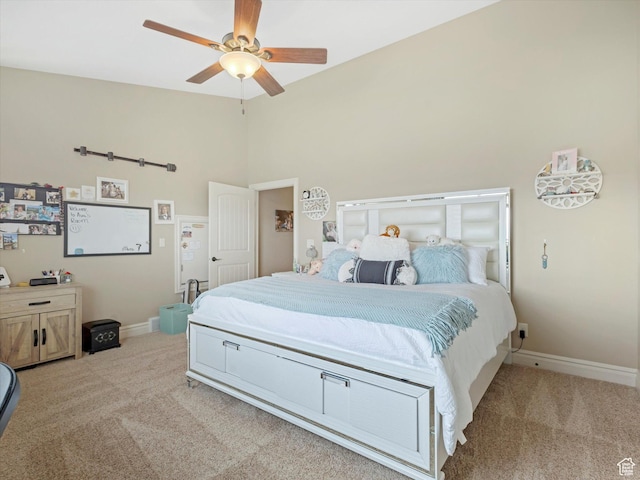14738 S Currant Creek Cir W, Bluffdale, UT 84065 - bedroom featuring light carpet, high vaulted ceiling, baseboards, and a ceiling fan