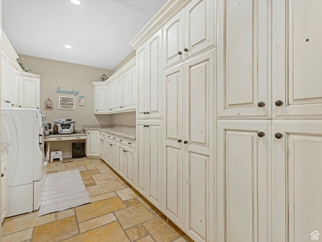 14738 S Currant Creek Cir W, Bluffdale, UT 84065 - laundry area with washer / dryer, cabinet space, stone tile flooring, and recessed lighting