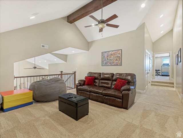 14738 S Currant Creek Cir W, Bluffdale, UT 84065 - living area featuring ceiling fan, high vaulted ceiling, carpet floors, baseboards, and beam ceiling