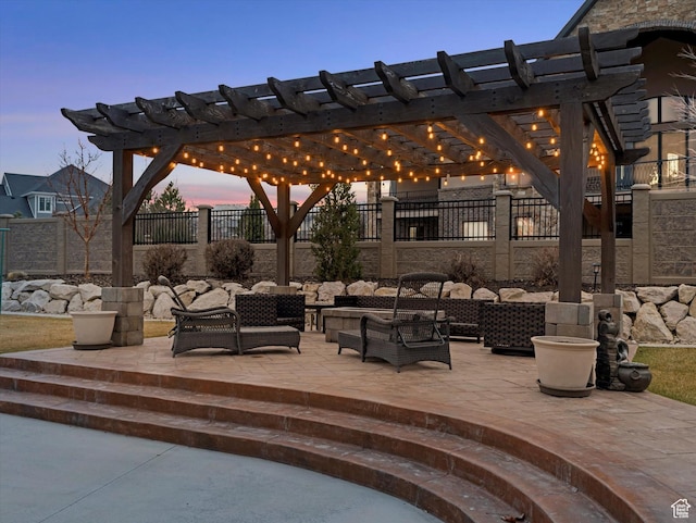 14738 S Currant Creek Cir W, Bluffdale, UT 84065 - patio terrace at dusk with outdoor lounge area, a patio area, and a pergola