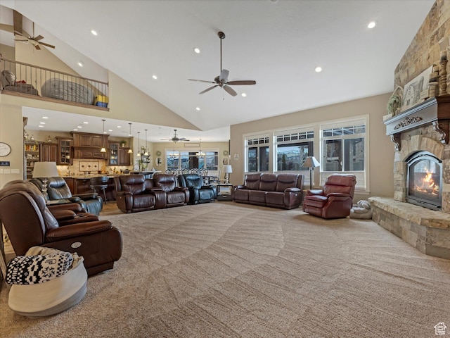 14738 S Currant Creek Cir W, Bluffdale, UT 84065 - living room featuring a ceiling fan, a stone fireplace, high vaulted ceiling, carpet flooring, and recessed lighting