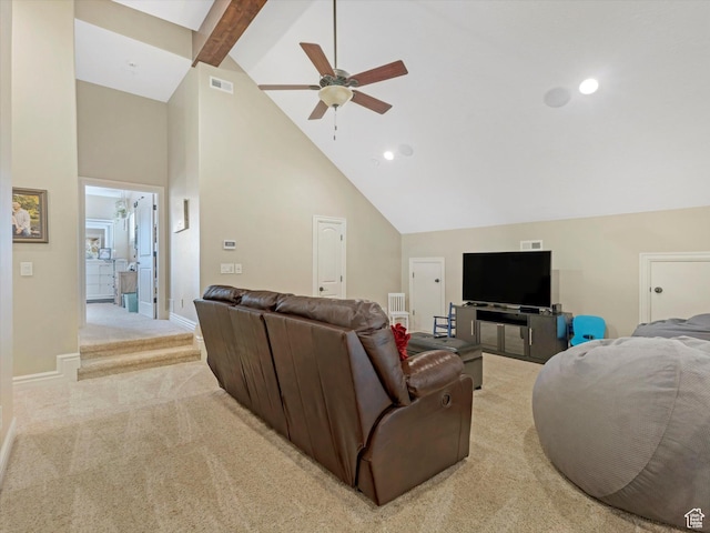 14738 S Currant Creek Cir W, Bluffdale, UT 84065 - living area with a ceiling fan, high vaulted ceiling, light colored carpet, baseboards, and recessed lighting