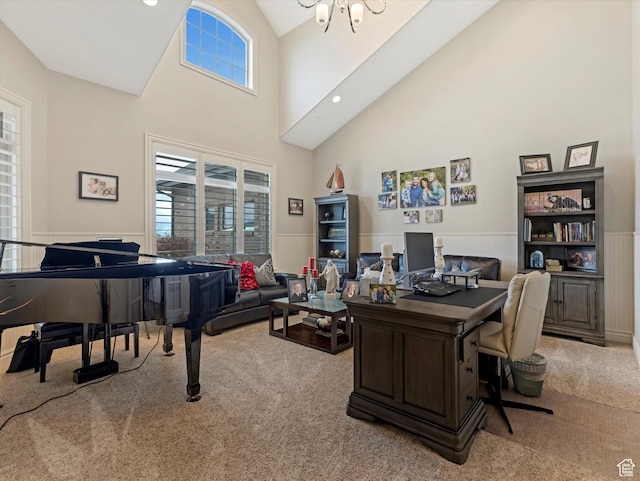 14738 S Currant Creek Cir W, Bluffdale, UT 84065 - carpeted office space featuring high vaulted ceiling, wainscoting, and a chandelier