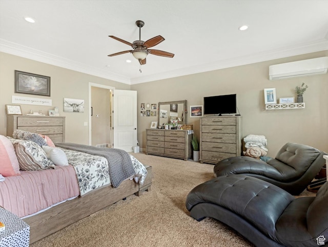 14738 S Currant Creek Cir W, Bluffdale, UT 84065 - bedroom with a wall mounted air conditioner, ornamental molding, carpet floors, recessed lighting, and ceiling fan