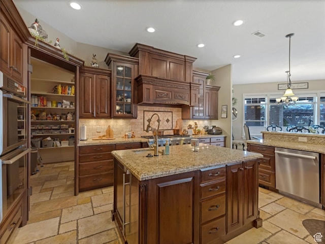 14738 S Currant Creek Cir W, Bluffdale, UT 84065 - kitchen with appliances with stainless steel finishes, stone tile flooring, tasteful backsplash, and recessed lighting